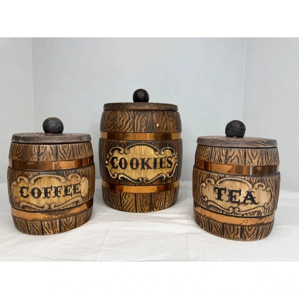Set of 3 Vintage MCM Treasure Craft‎ Ceramic Canister Barrel Cookies Coffee Tea